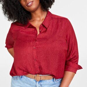 On 34th Plus Size Bright Rhubarb Polka-Dot Satin Jacquard Shirt NWT